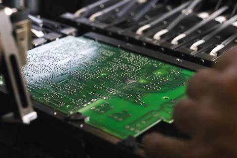Blurred hand of an unrecognizable caucasian engineer supervising the SMD montage Stock Photos