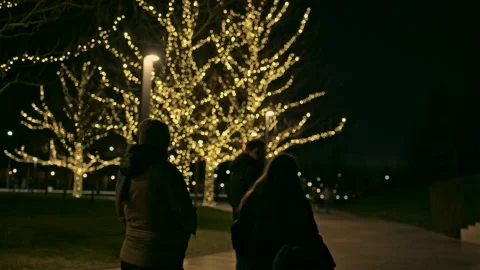 Blurred holiday background. Trees are decorated with golden lights on the Stockbeeldmateriaal 218304681