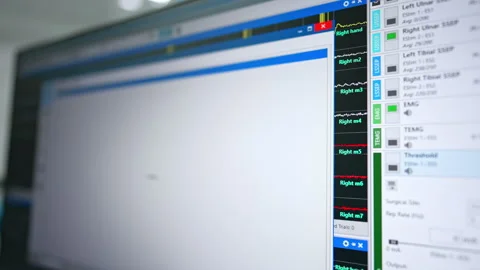 Blurred image of the computer screen. Close up. Equipment at surgery room. Video stock 331081543