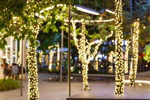Blurred image Decorative outdoor string lights hanging in the garden Photos