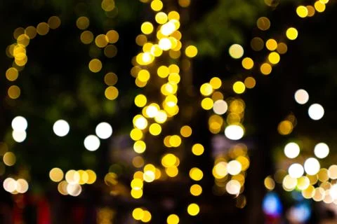 Blurred image Decorative outdoor string lights hanging on tree in the garden 스톡 사진