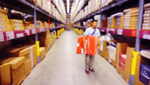 Blurred Image Inside A Modern Warehouse.With Unidentical Person Holding The G Stock Photos