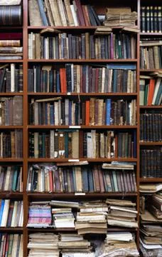 Blurred image of a library with bookcases. Many different books on the shelves Stock Photos