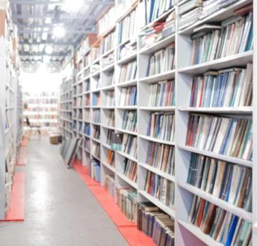 Blurred image of a library with bookcases. Many different books on the shelves Stock Photos