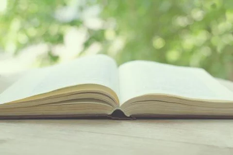 Blurred image of the open book in front of an open window with green trees. Stock Photos