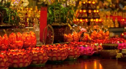 The blurred image of  Red candle on table in Chinese Buddhist temple for rene Stock Photos