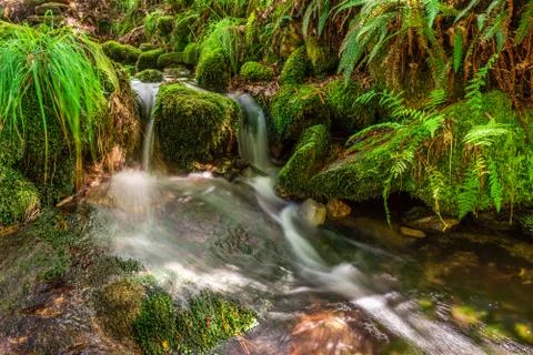 Blurred image of a small river waterfall close-up long exposure Stock Photos