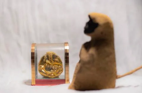 Blurred image of a toy monkey sitting before an idol of Hindu god in white co Stock Photos