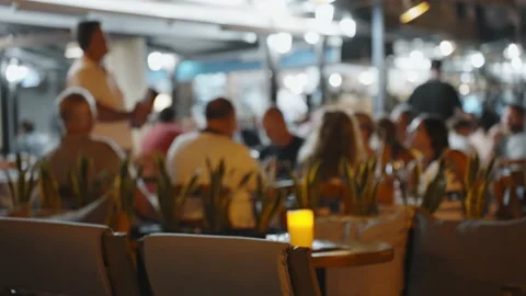 Blurred of interior of large beautiful restaurant with bright lighting. Stock Footage 238612487