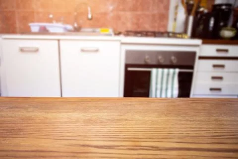 Blurred kitchen interior with desk space Foto stock