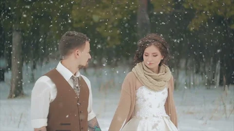 Blurred loving couple walking in winter christmas snowfall Stock Footage 86895052