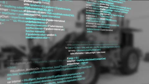 Blurred mechanic leaning over car engine bay, displaying JavaScript code overlay Stock Footage 308656014