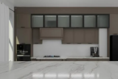 A blurred, modern kitchen interior focuses on a marble countertop in the fo.. Stock Illustration
