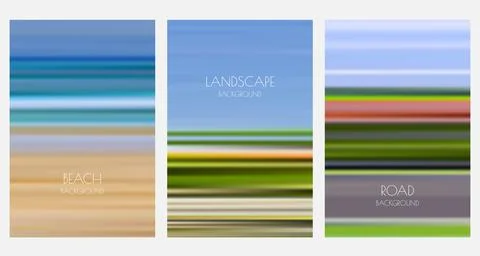 Blurred motion nature landscape background set. Summer beach, fields, road .. Stock Illustration