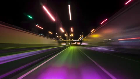 Blurred Motion Through Futuristic Bridge at Night. Stock Footage 290298895