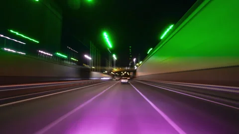 Blurred Motion Through Futuristic Bridge at Night. Stock Footage 302533664