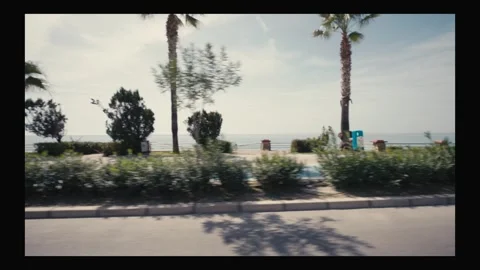 Blurred motion view of a seaside road with palm trees Stock Footage 304685429