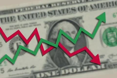Blurred one US dollar bill with green stock market chart arrow Stock Photos