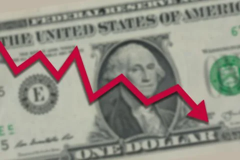 Blurred one US dollar bill with red stock market chart arrow going down. Stock Photos