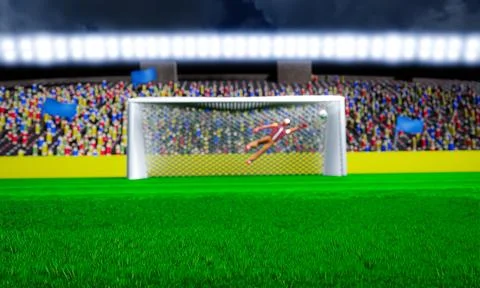 Blurred or out of focus. Long distance. Goalkeeper jumps. Flicks a soccer b.. Stock Illustration