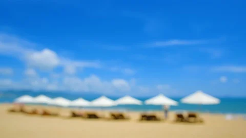 Blurred panoramic view beach, chairs and umbrellas Stock Footage 101346126