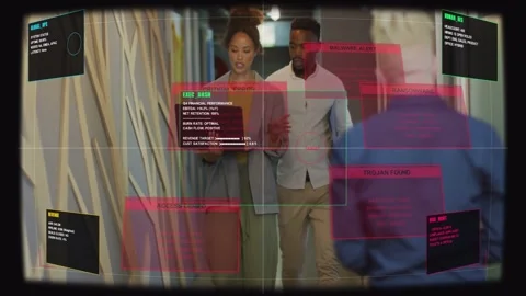 Blurred passer blocking camera, team walking consulting tablet, HUD highlighting Stock Footage 333287138