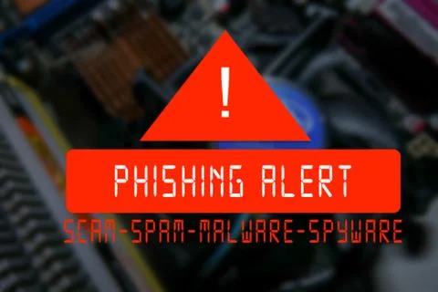 Blurred PCB Closeup of electronic circuit board with CPU processor with PHISH 스톡 사진