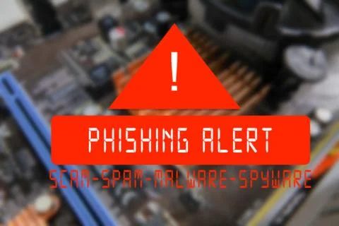 Blurred PCB Closeup of electronic circuit board with CPU processor with PHISH 스톡 사진