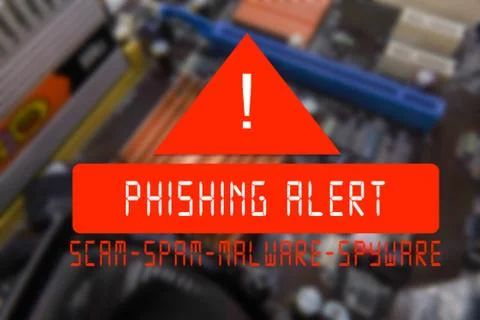 Blurred PCB Closeup of electronic circuit board with CPU processor with PHISH Foto stock