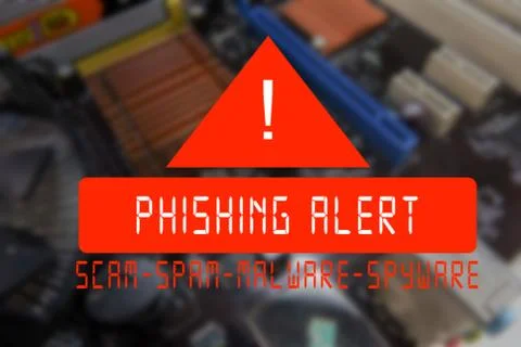 Blurred PCB Closeup of electronic circuit board with CPU processor with PHISH 스톡 사진