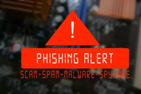 Blurred PCB Closeup of electronic circuit board with CPU processor with PHISH 스톡 사진