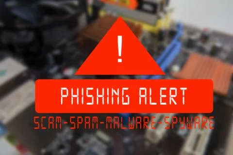 Blurred PCB Closeup of electronic circuit board with CPU processor with PHISH 스톡 사진