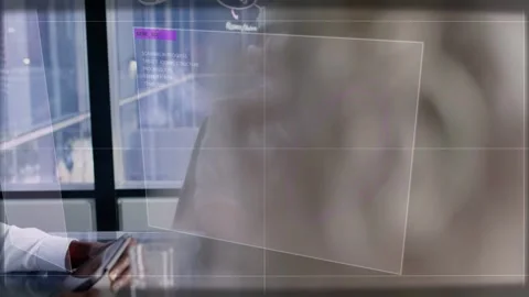 Blurred peer moving aside, VR user demonstrating tech HMD at glass table HUD Stock Footage 333720138