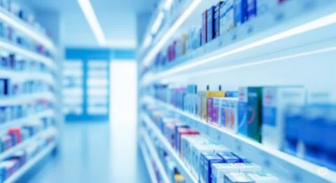 Blurred pharmacy aisle with perspective view, abstract healthcare background  Stock Photos