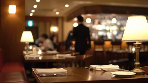 Blurred Restaurant Interior with Bokeh Lights Stock Footage 314805413