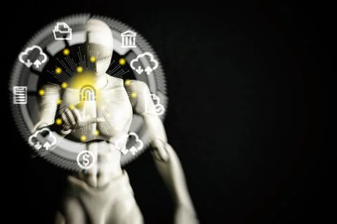 Blurred Robot Cyborg Man with Hand Touching on Motion Hi Tech Circle Interf.. Stock Illustration