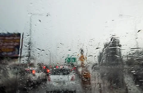 Blurred, Rush hour after work, Cars stuck and traffic jam in the rain Bangkok Stock Photos