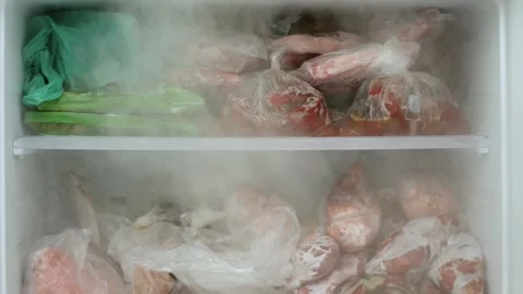 Blurred Shooting with an Open Freezer Full with Frozen Meat and Vegetables. Stock Footage 297190059