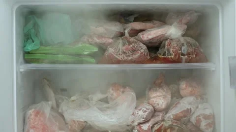 Blurred Shooting with an Open Freezer Full with Frozen Meat and Vegetables. Stock Footage 305399083