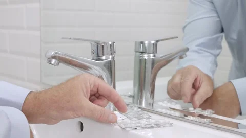 Blurred Shooting with a Sick and Suffering Man in Front of the Bathroom Mirror Stock Footage 340036100