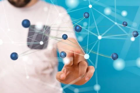 Blurred shot of a man touching 3d rendered neural network icons Stock Photos