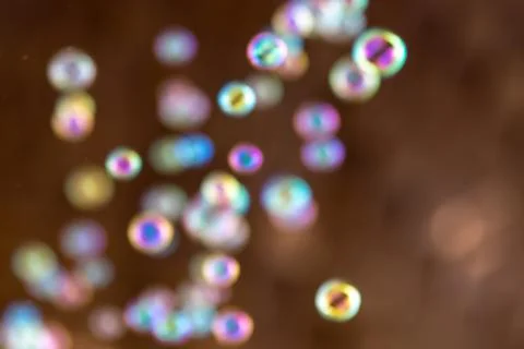 Blurred soap bubbles on warm background. Soft colorful bokeh with copy space. Stock Photos