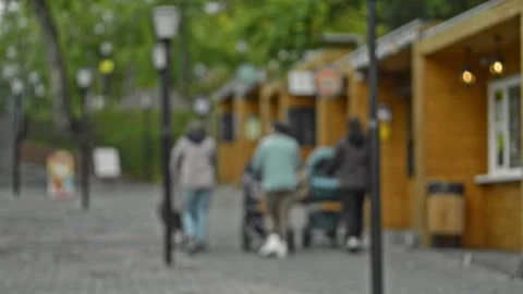 Blurred soft focus view Picturesque city park ladies with baggies walk along Vídeo Stock 157230809