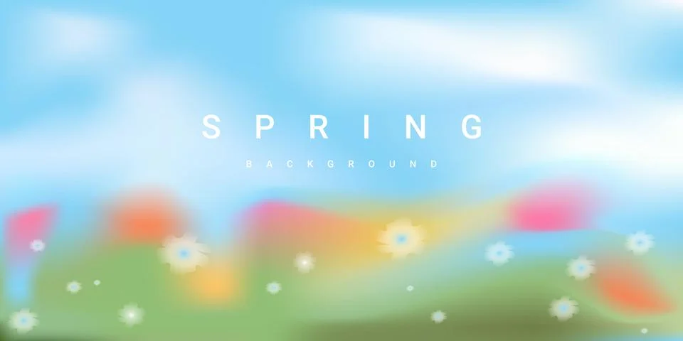 Blurred spring landscape background with soft white flowers, blue sky and g.. Illustrazione stock