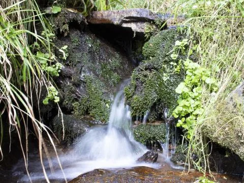 Blurred stream of a mountain stream flowing under a small stone crevice. Stock Photos