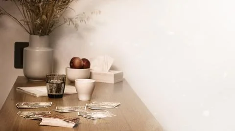 Blurred Tarot cards layout on the table. Esoteric concept and astrology Stock Photos