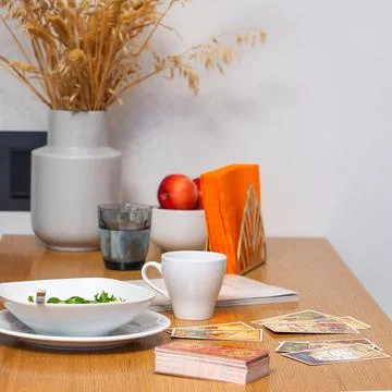 Blurred Tarot cards layout on the table. Esoteric concept and astrology Stock Photos