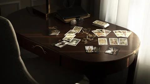 Blurred tarot cards on the table, esoteric concept, fortune telling predictio Stock Photos