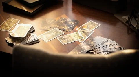 Blurred tarot cards on the table, esoteric concept, fortune telling predictio Stock Photos