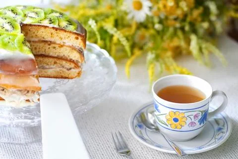 Blurred tea drinking composition. Summer concept. Stock Photos